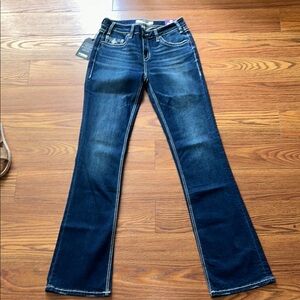 NWT Rock &‎ Roll Denim Extra Stretch Bootcut Embroidered Pocket Dark Wash 28x36